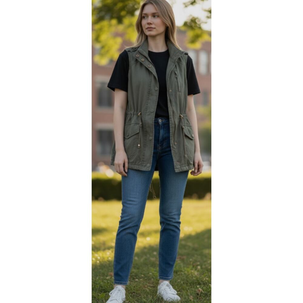 Ana Olive Green Cinched Waist Cargo Vest size Medium